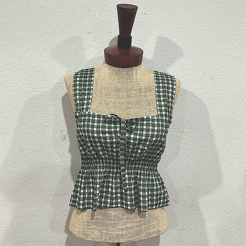 Madewell Green and White Peplum Blouse